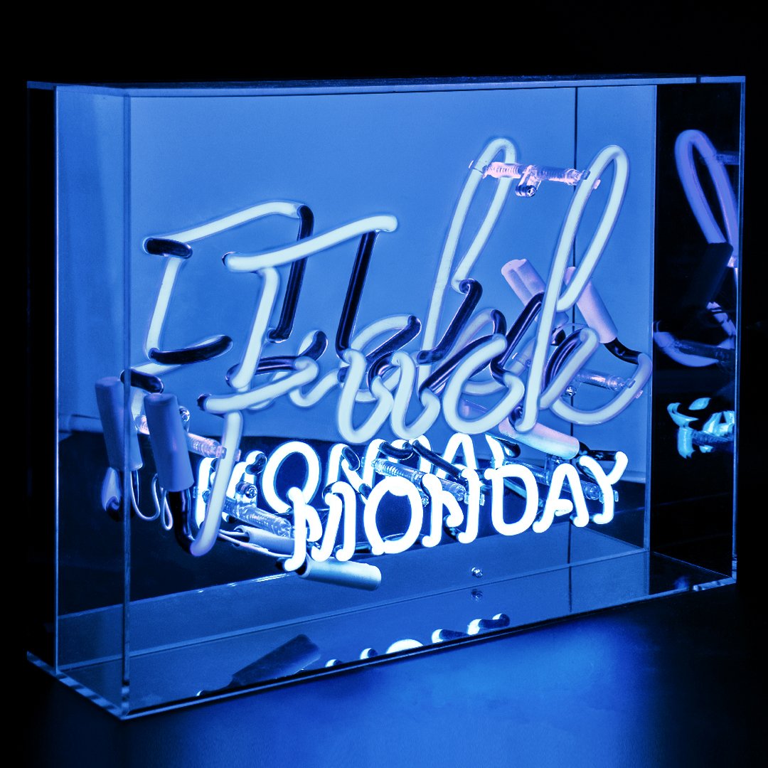 Neonskylt F**k Monday Blue i plexiglaslåda